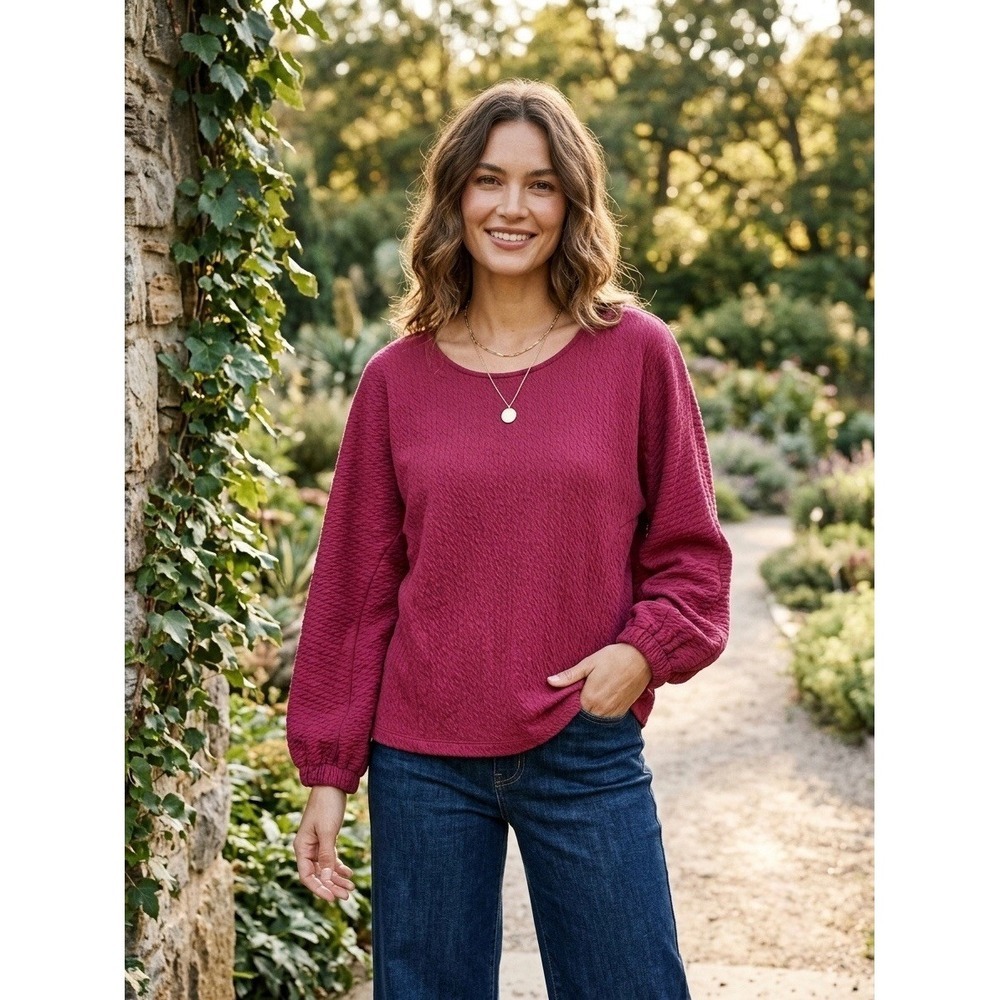 Anthropologie Textured Magenta Pink Balloon Sleeve Knit Top Large OB1173430